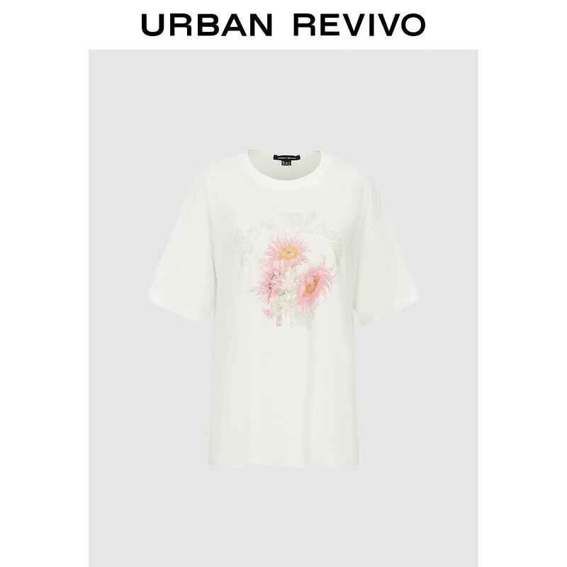 UR 2026 Women s Elegant Floral Print Round Neck Short Sleeve T-Shirt S грязно-белый