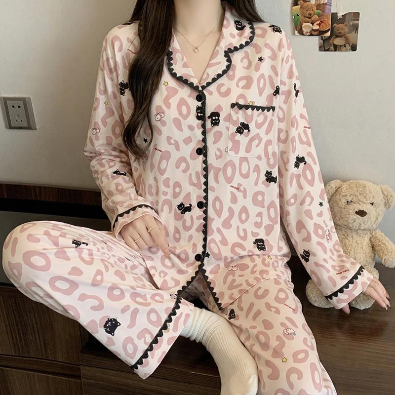 Roter gepunkteter Pyjama Damen High-End Frühling und Herbst Cartoon Muschel bestickter Rand Langarm Loungewear Set