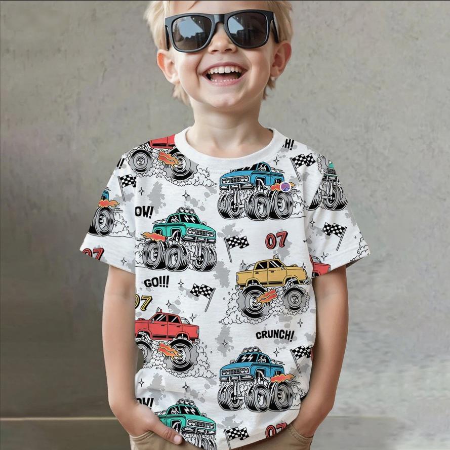 Summer Round Neck Vehicle Themed 3D Printed Top Fashionable Casual Short Sleeved Children's Boy T-shirts