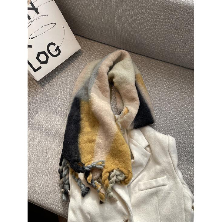 South Korean Ins2024 New Winter Geometric Color Gradient Mohair Fringe Scarf Women'S Shawl Two Use Scarf