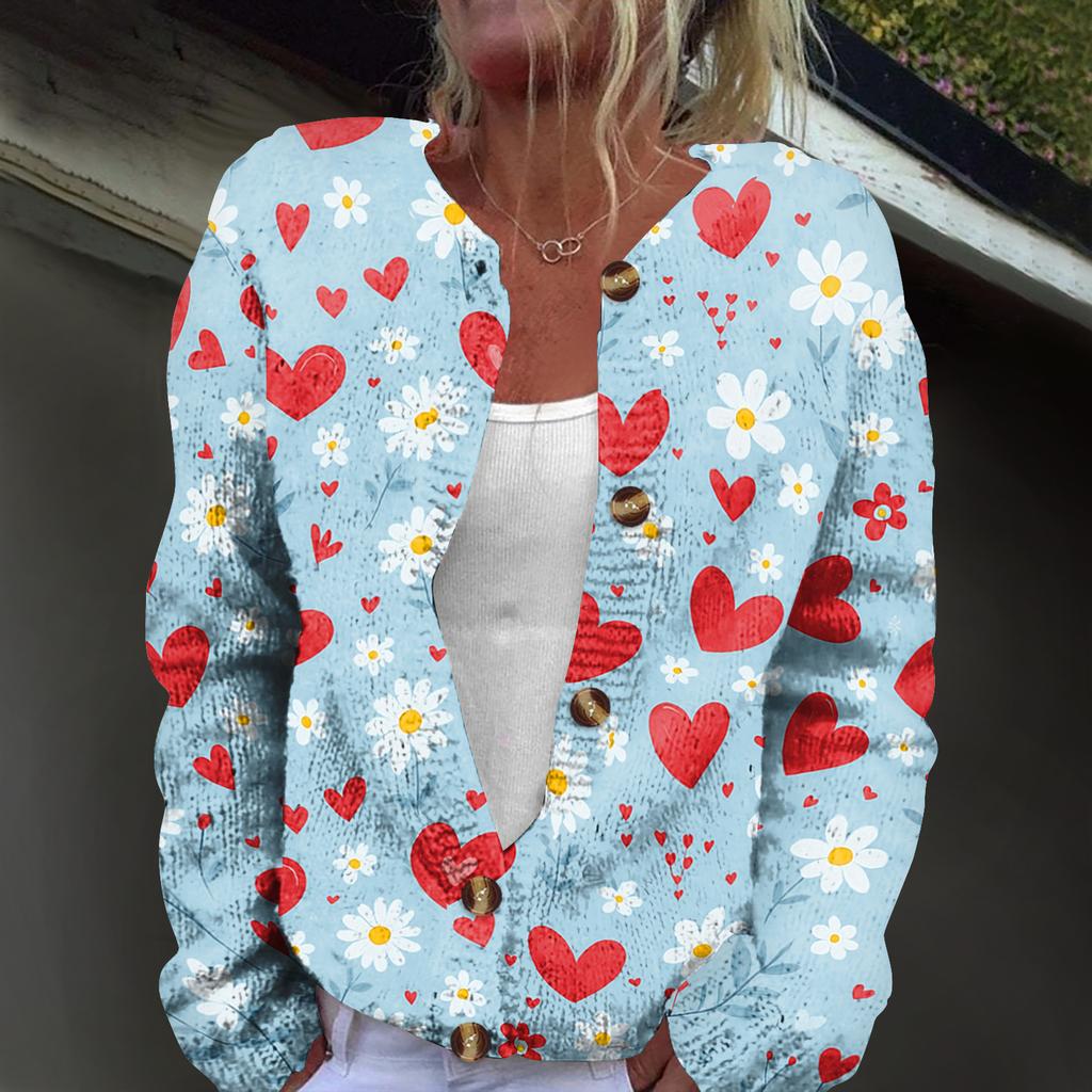 Women's Fashion Printed Long-Sleeved Knit Cardigan Button-Down Jacket