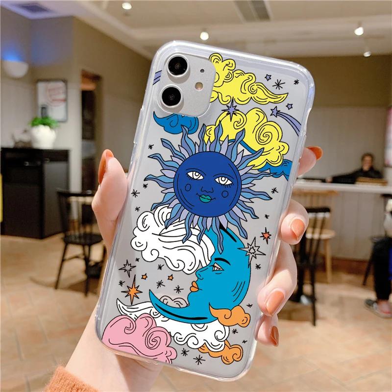 Funny Sun Moon Face Shockproof Phone Case For iPhone 15 14 11 12 13 Pro MAX Mini XS XR SE 14 Plus Fundas Transparent Back Covers