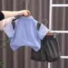 Boys' 2-Piece Cotton Set - Blue Short Sleeve Striped Shirt + Casual Shorts - High-Quality Casual Outfit -S-XXL