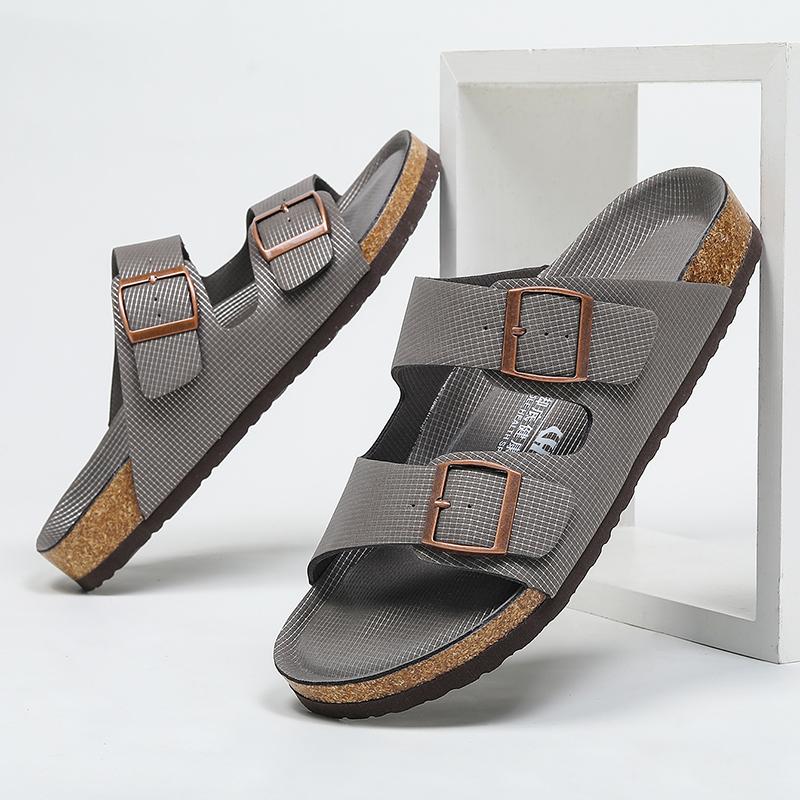 Summer Men's Cork Slippers Leather Slippers Man Soft Cork Two Buckle Versatile Beach Slides Non-slip Footwear for Men Size 35-46