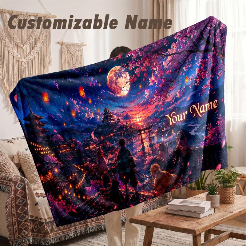 Custom Name Flannel Blanket,Demon Slayer Lightweight Warm Bed Blanket For Couch & Holiday Gift