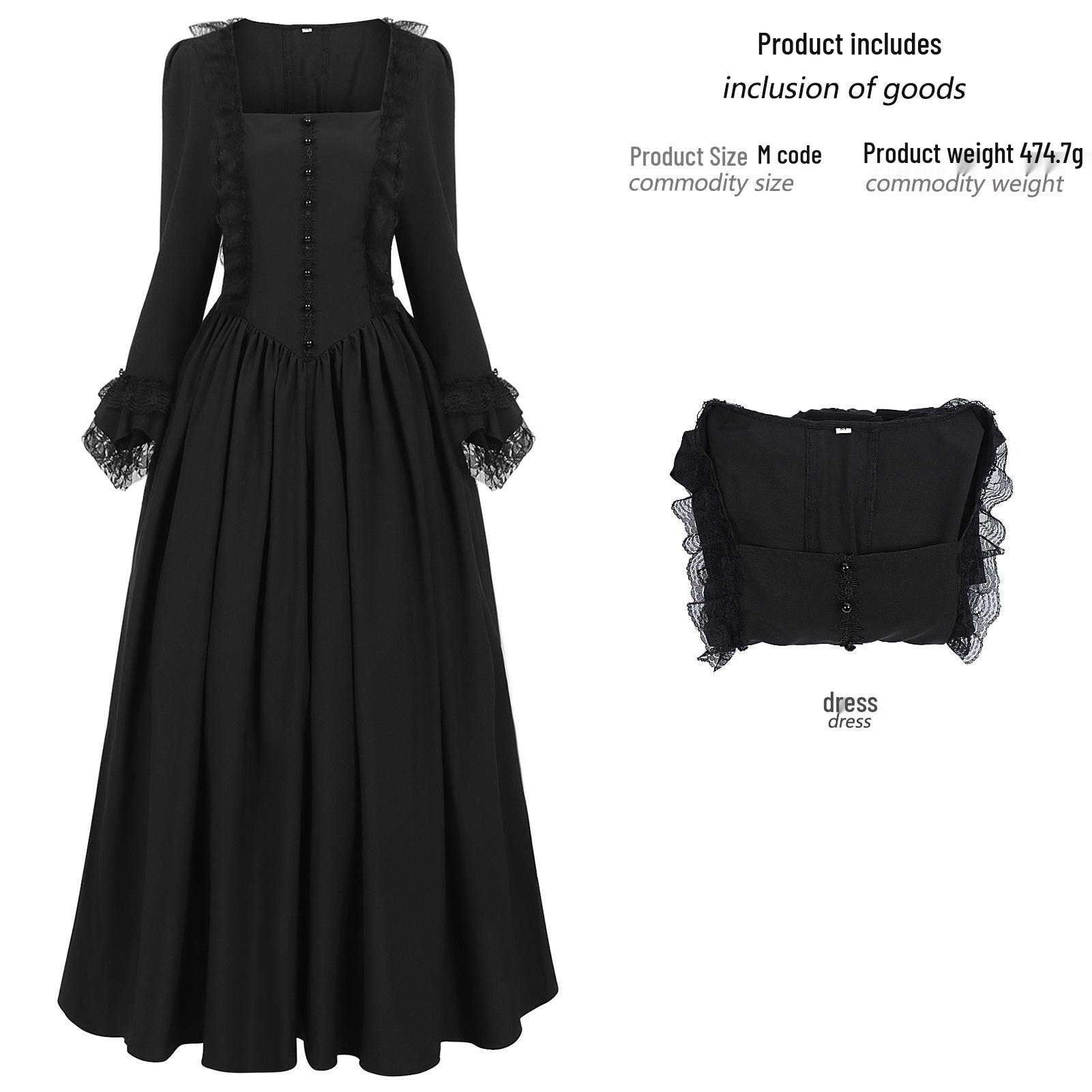 In-Stock Retro Palace-Style Square Neck Lace Long Sleeve Waist-Cinching Women s Medieval Formal Dress Costume L
