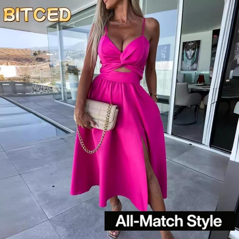 BITCED Women's Fashion Summer Spring Solid Color Print V-Neck Sleeveless Casual Dresses