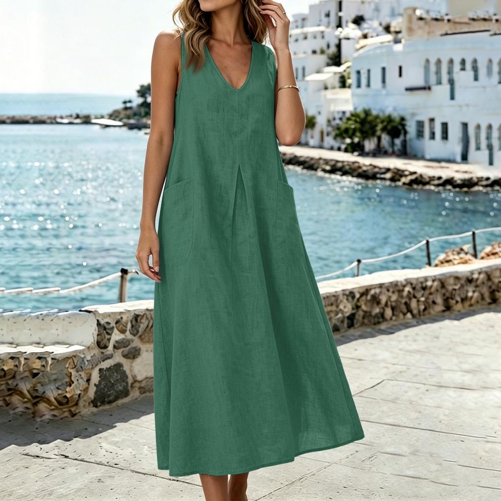 Sleeveless V Neck Midi Dress with Pockets Loose Fit Casual A Line Dress for Women Lightweight Summer Sundress