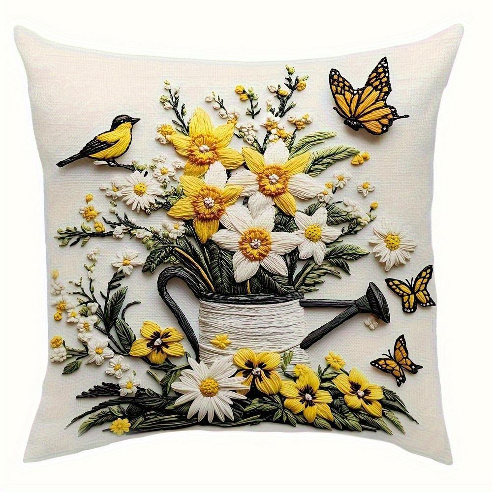 Short Plush Material Pillowcasefloral & Bird Decorative Pillow Covers: Yellow & White Delight Sofa Cushion Cover Home Room Decor