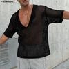 INCERUN Oversized Men Deep V Long Sleeve Hollow Loose T-shirts Tops
