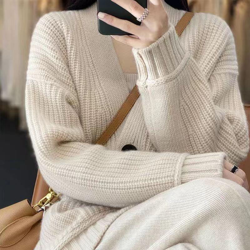 Autumn and Winter New Temperament Commuting Simple and Versatile Knitted Cardigan Women Loose Lazy Wind Outside Sweater Jacket