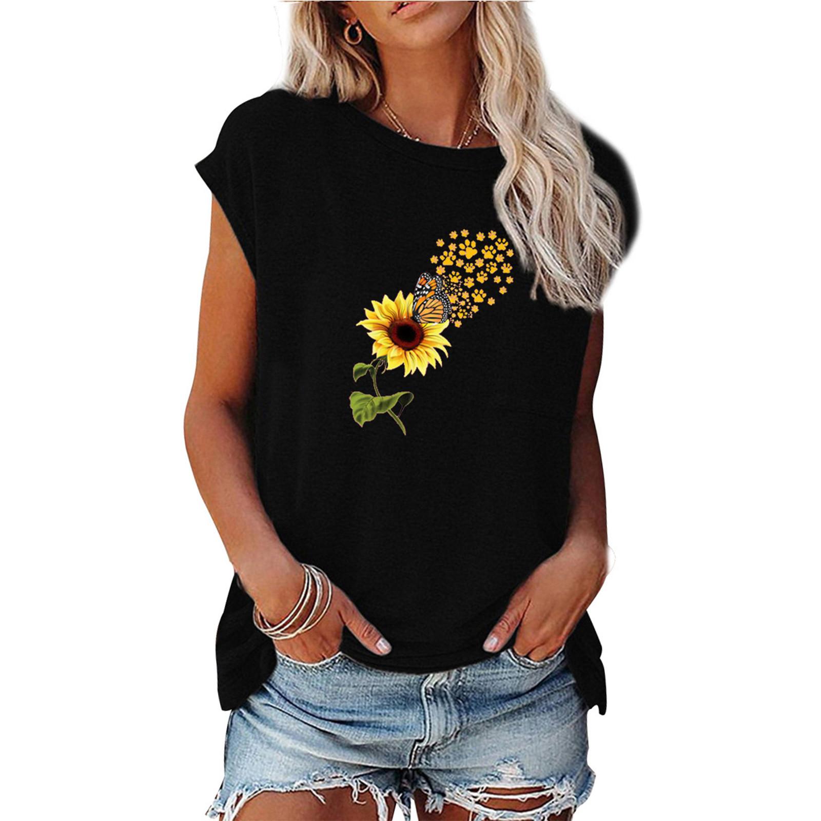 

Women s Summer Casual Fashion Plant Flowers Printing O-neck Short-sleeves Loose T-shirt Top S чёрный