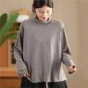 Johnature Mote Casual Vintage Stil Løs Stripe Rullekrave T-skjorte Dame Vinter Langermet Spleiset T-skjorte