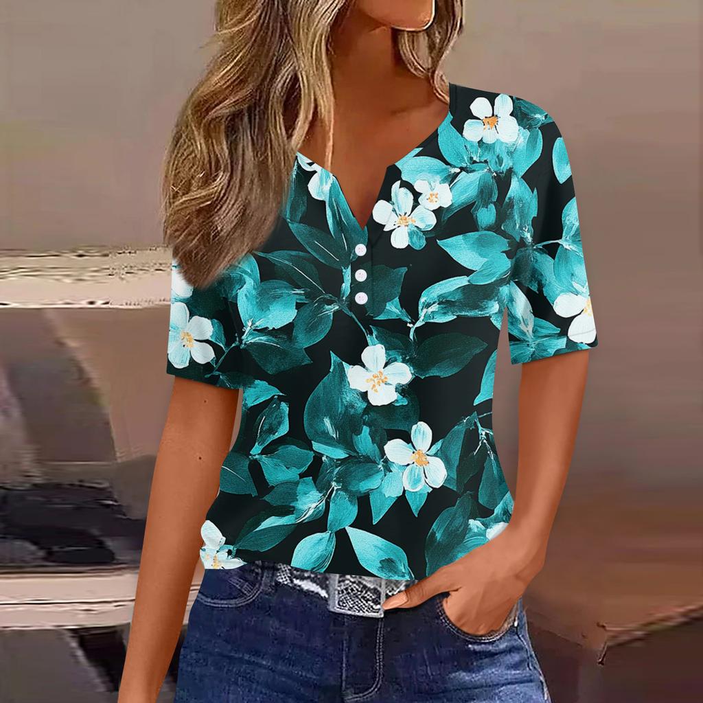 Damen T-Shirt mit Aufdruck und Knopfleiste, kurzärmelig, für den Alltag, Wochenende, modisch, Basic, V-Ausschnitt, normales Oberteil