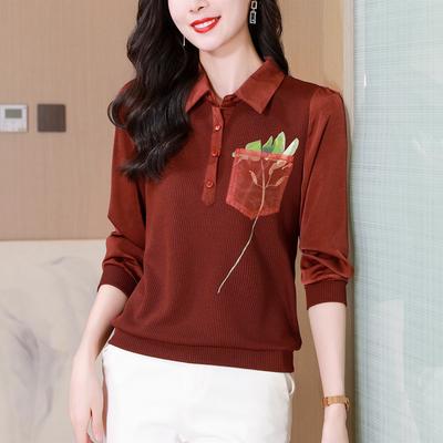 Young Mother Printed Lapel Pullover Long-sleeved Shirt Autumn New Fashionable Shirt Middle-aged and Elderly Loose Top