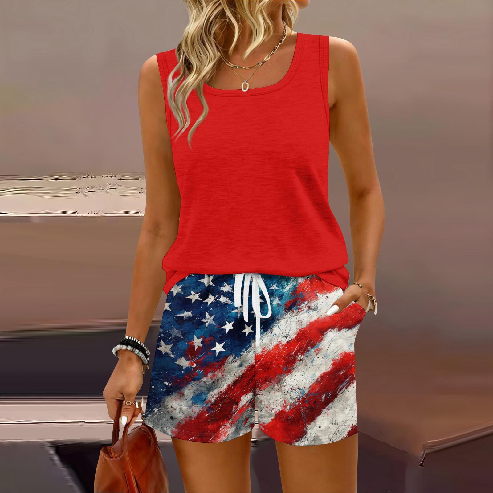

Women Summer Casual Two Piece Set Sleeveless Tank Top Square Neck Athletic Vest with Pockets and Drawstring Waist Shorts XXL червоний