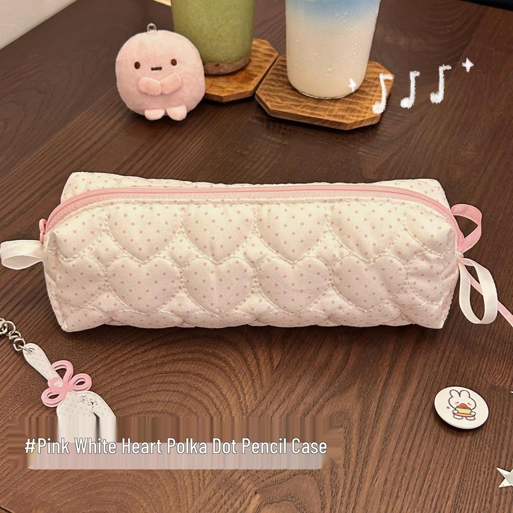 Pink Polka Dot Heart Pencil Case with Bow Ribbon for Girls - Cute Stationery Storage Bag