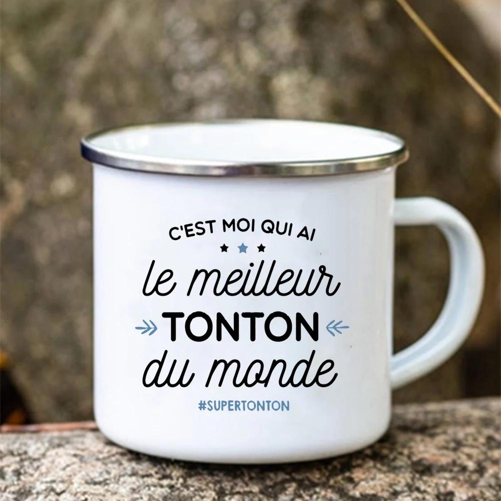 Super Tonton Papy Printed Funny Enamel Creative Coffee Cups Camping Mugs Handle Drinkware Vacation Mug Father's Day Best Gifts
