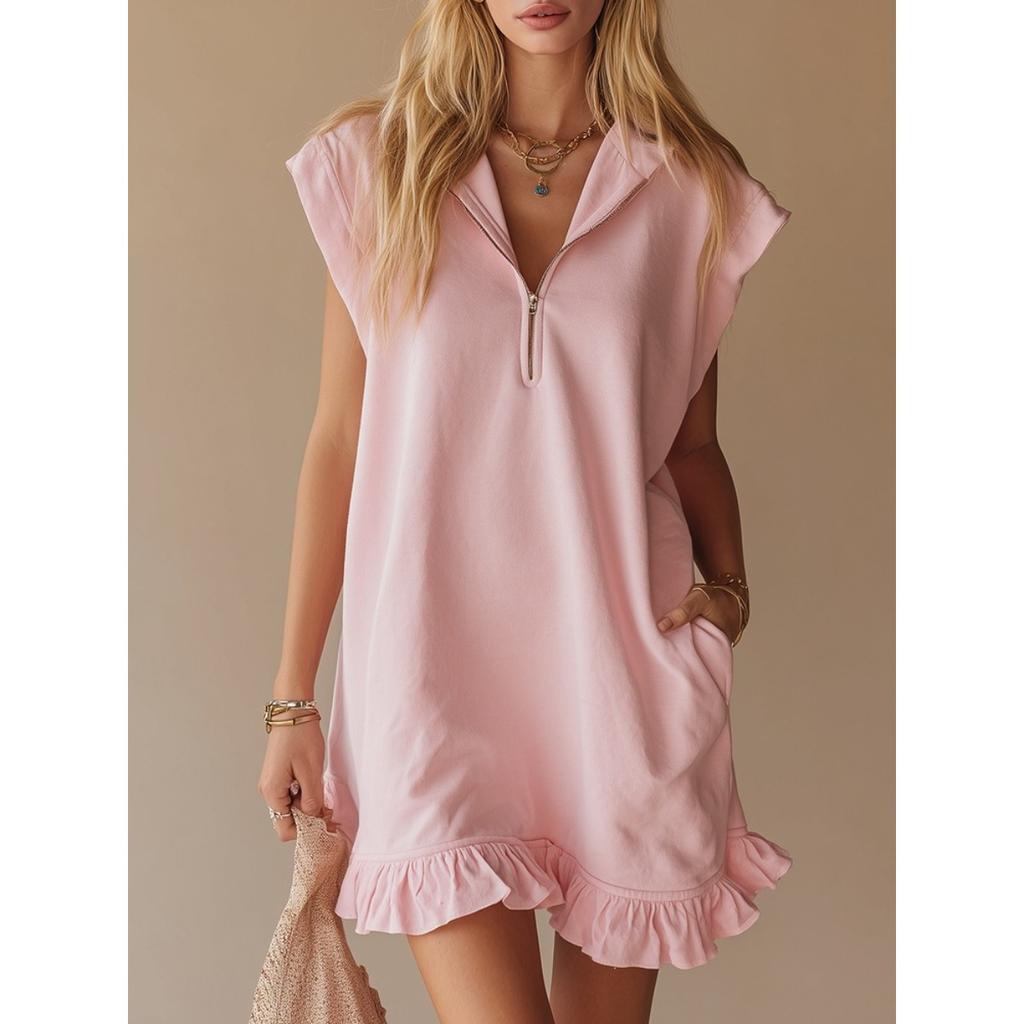 Spring Summer Women's Sleeveless V-Neck Zipper Ruffle Hem A-Line Dress with Double Pockets European American Style Casual Party Dress