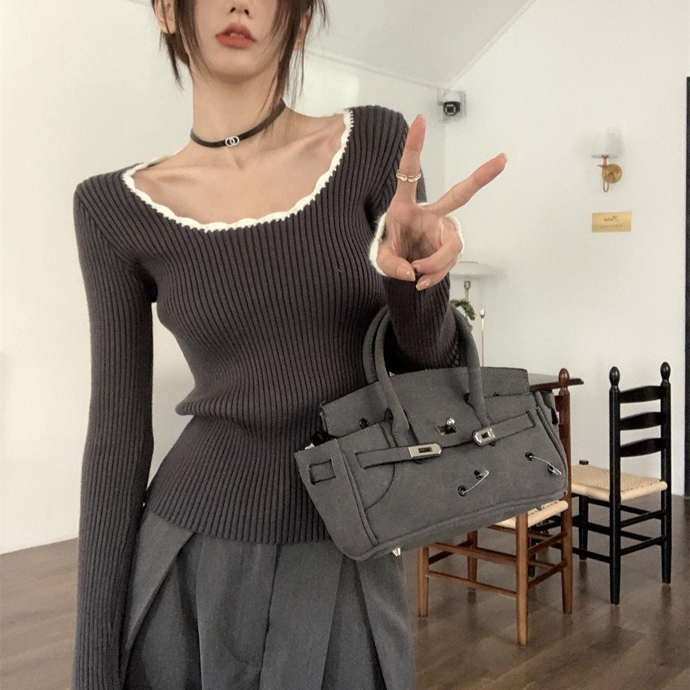 

Casual crew neck retro temperament contrasting colors slim fit design sense gray knitted sweater inside one size fits all сірий колір