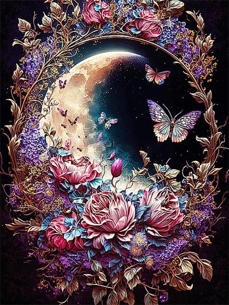 Full Square Round Diamond Painting New Moon Flower Decor Home Embroidery Mosaic Fantasy Butterfly Landscape Home Decor