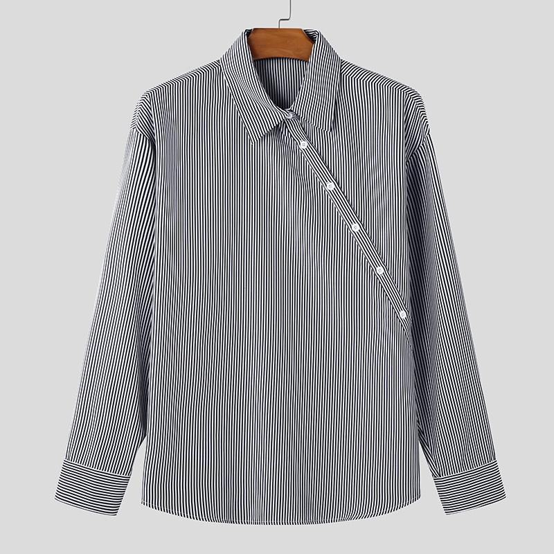 INCERUN Ανδρικά πουκάμισα με γιακά ρεvers, μακριά μανίκια, διαγώνια κουμπιά, ριγέ, φαρδιά γραμμή, casual