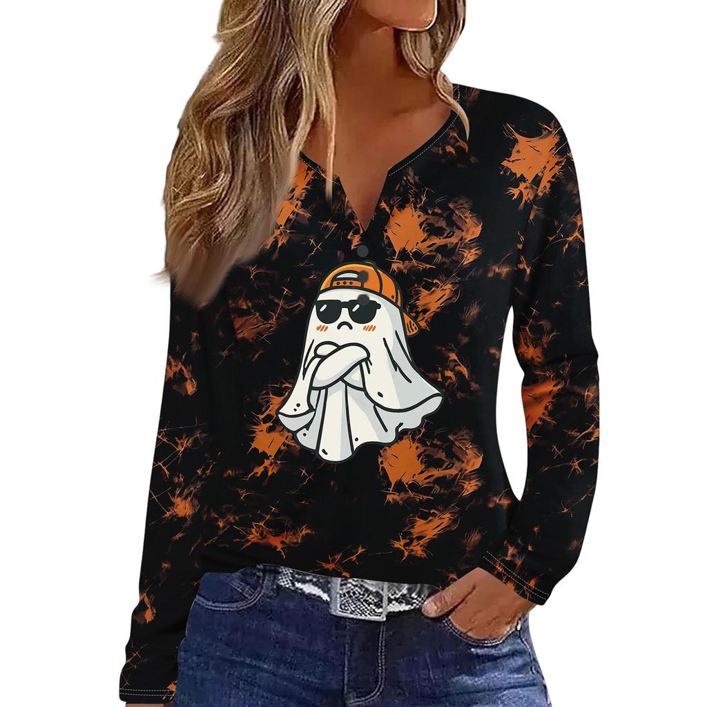 Women's Casual Long Sleeve T-Shirt with Halloween Print V-Neck and Button