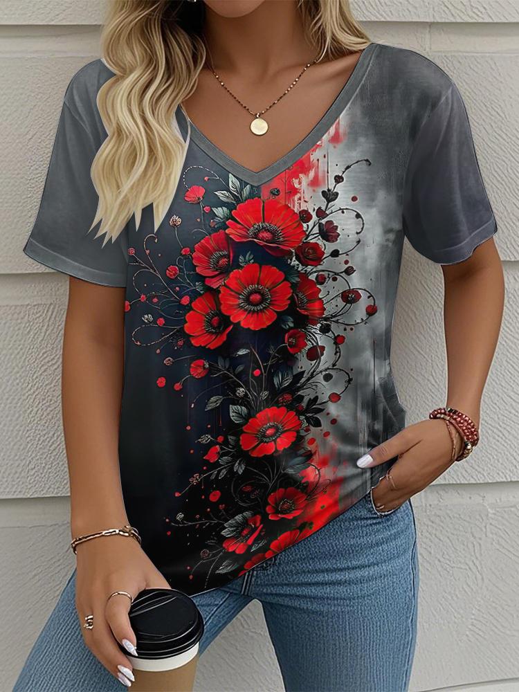 Flower Floral Painting 3D Print T-Shirts Women's V-Neck Short Sleeve T Shirt Y2K Oversized Tees Harajuku Tops Female Clothing