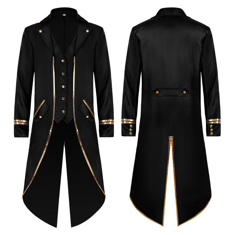 

European & American 2026 Halloween Medieval Swallowtail Suit: Retro Mid-Length Gold-Edged Slim Fit Overcoat Costume S