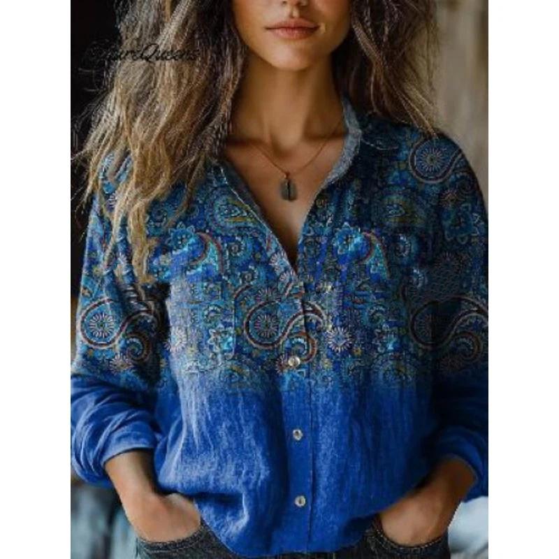 Women Vintage Floral Print V Neck Ruffle Collar Long Sleeve Button Down Blouse With Pockets