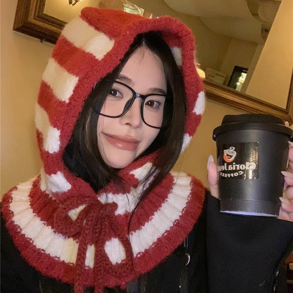 Striped Balaclava Hat Women's Autumn and Winter Cold and Warm Scarf Integrated Knitted Wool Hat Big Head Circumference Versatile