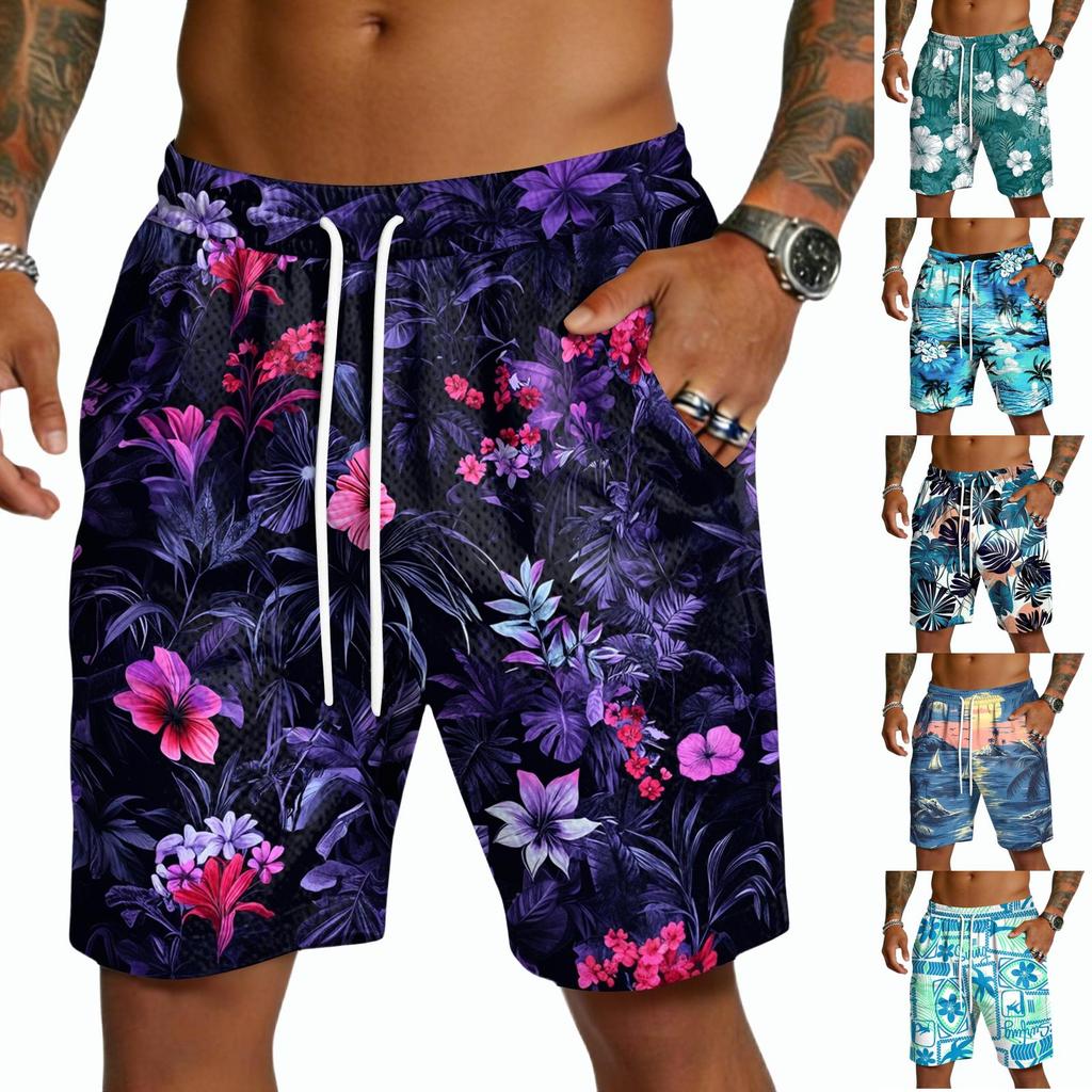 Men's Casual Drawstring Shorts Lightweight Quick Dry Five Inch Inseam Hawaiian Print Beachwear Swim Trunks with Elastic Waistband