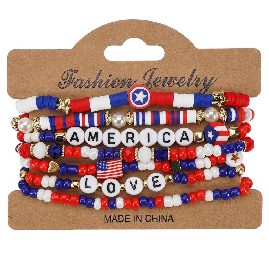 2025 New American Independence Day Bracelet Red White Blue Flag Soft Ceramic Beaded Patriotic