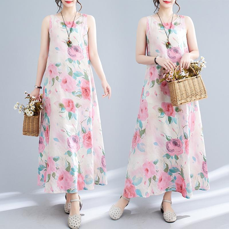 Real Summer New Literary Loose Cotton and Linen Printing Round Neck Sleeveless Dress Women's Medium and Long