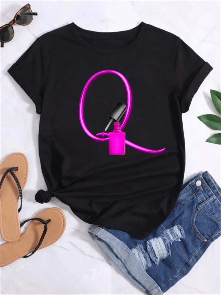 Maycaur Custom Name Letter Combination Fashion Women T-shirt Nail Polish Letter Font A B C D E F G Short Sleeve Tops Female Tees