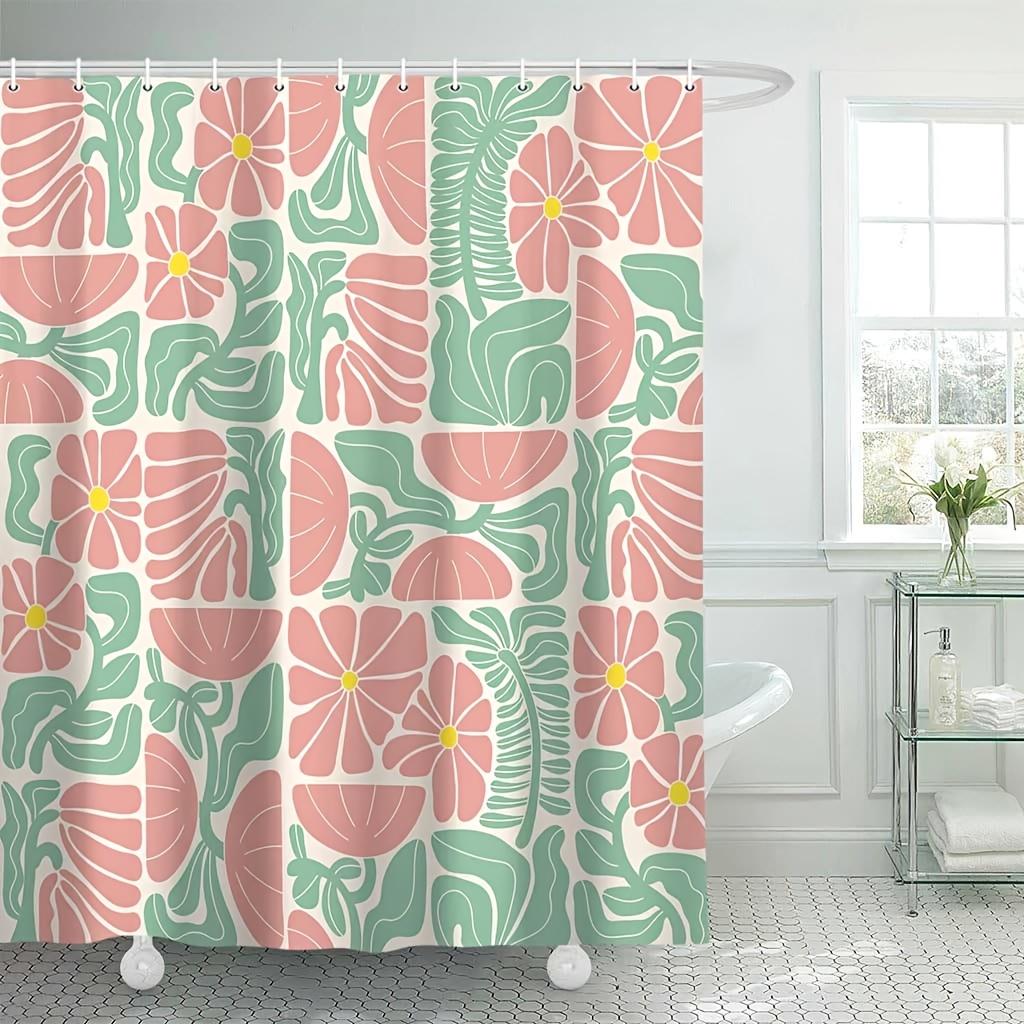 Boho Abstract Colorful Floral Shower Curtain – Vintage Patchwork Design, Pink & Green Flowers, Geometric Pattern