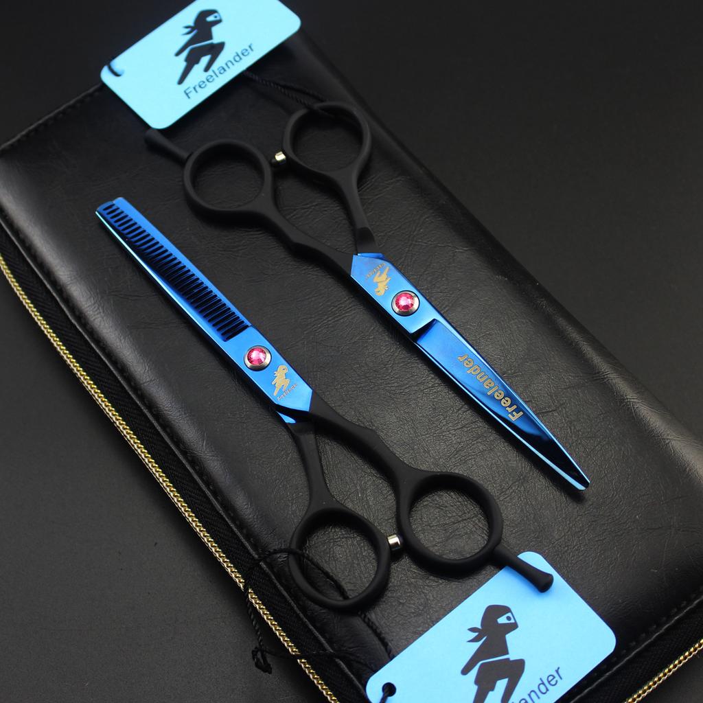 Freelander, manico blu nero, forbici per capelli, forbici piatte, forbici dentate, forbici sottili 5,5 pollici