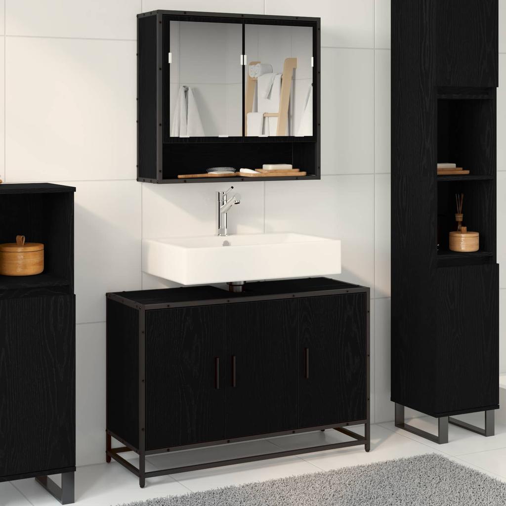 Bathroom Cabinet with Door Black Oak Effect 90 x 33 x 60 cm