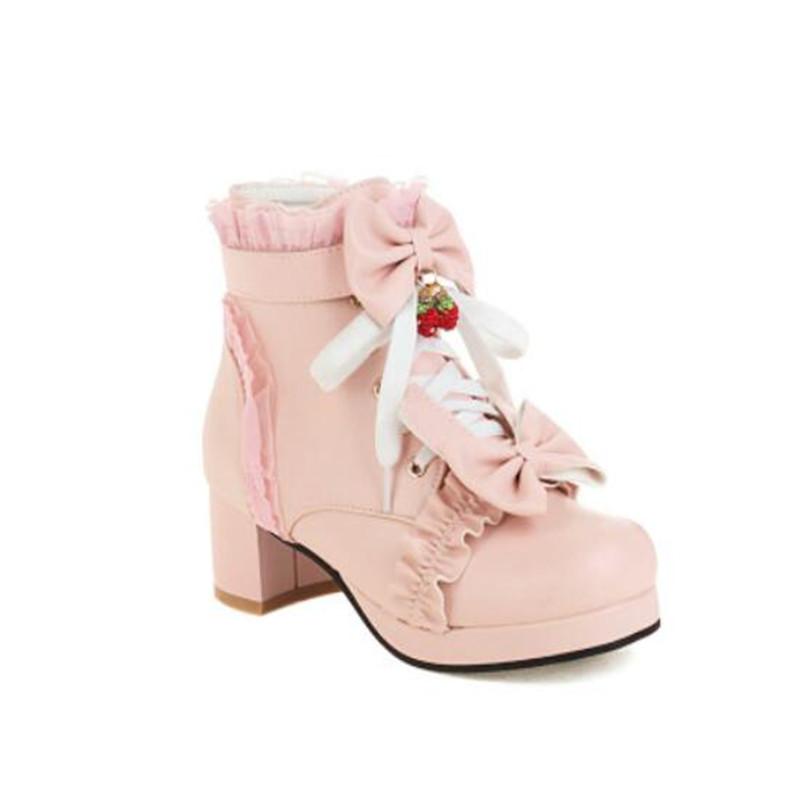 

Big Size 28-43 Girls Boots Ruffles Vintage Lolita Women Wedding Boots Black White Pink Lace Up Chunky High Heels Platform Shoes 43(26.5cm)
