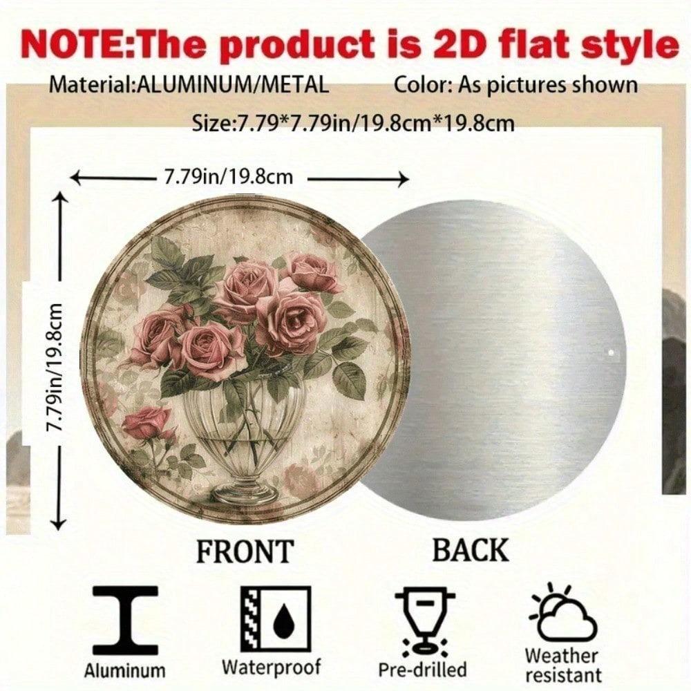 1pc Vintage Rose Bouquet Vase Round Metal Sign 2D Foil Engraving Art Plaque Home Cafe Garden Decor