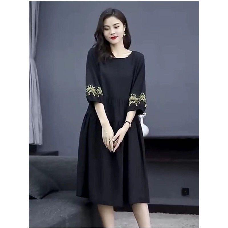 Vestido de Verano Étnico Bordado de Cuello Redondo - Costuras Retro Ajuste Holgado Slim para Tallas Grandes