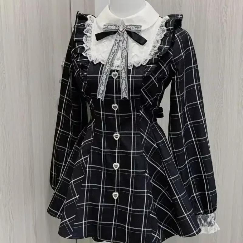 Japanese Y2 Aesthetics Vintage Bow Dress Shorts Set Women Gothic Lolita Style Long Sleeve Shirt Dress Elegant Party Dress Suits