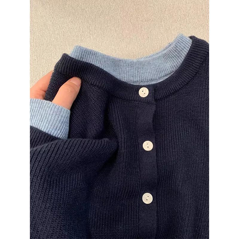 

Women s 2025 Dark Blue High-End Knitted Cardigan: Autumn/Winter Loose-Fit, Versatile, Lazy Style, Faux Two-Piece Sweater Coat One Size темно-синий