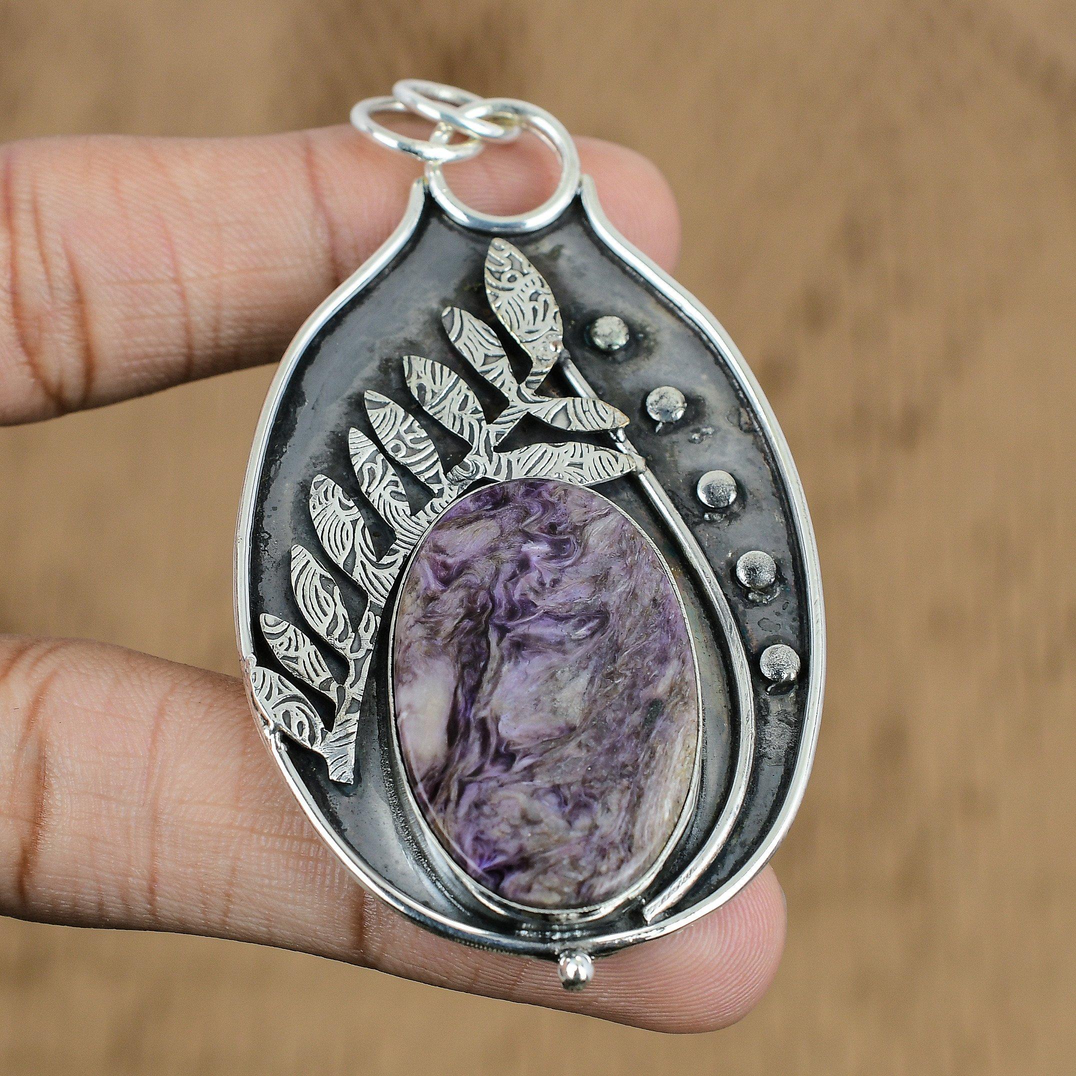 

925 Silver Russian Charoite Gemstone Birthday Mother Elegant New Pendant Jewelry