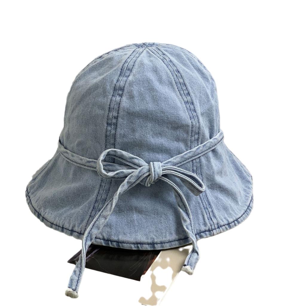 Thin denim bucket hat women's Dongdaemun retro literary bow sunshade basin hat summer