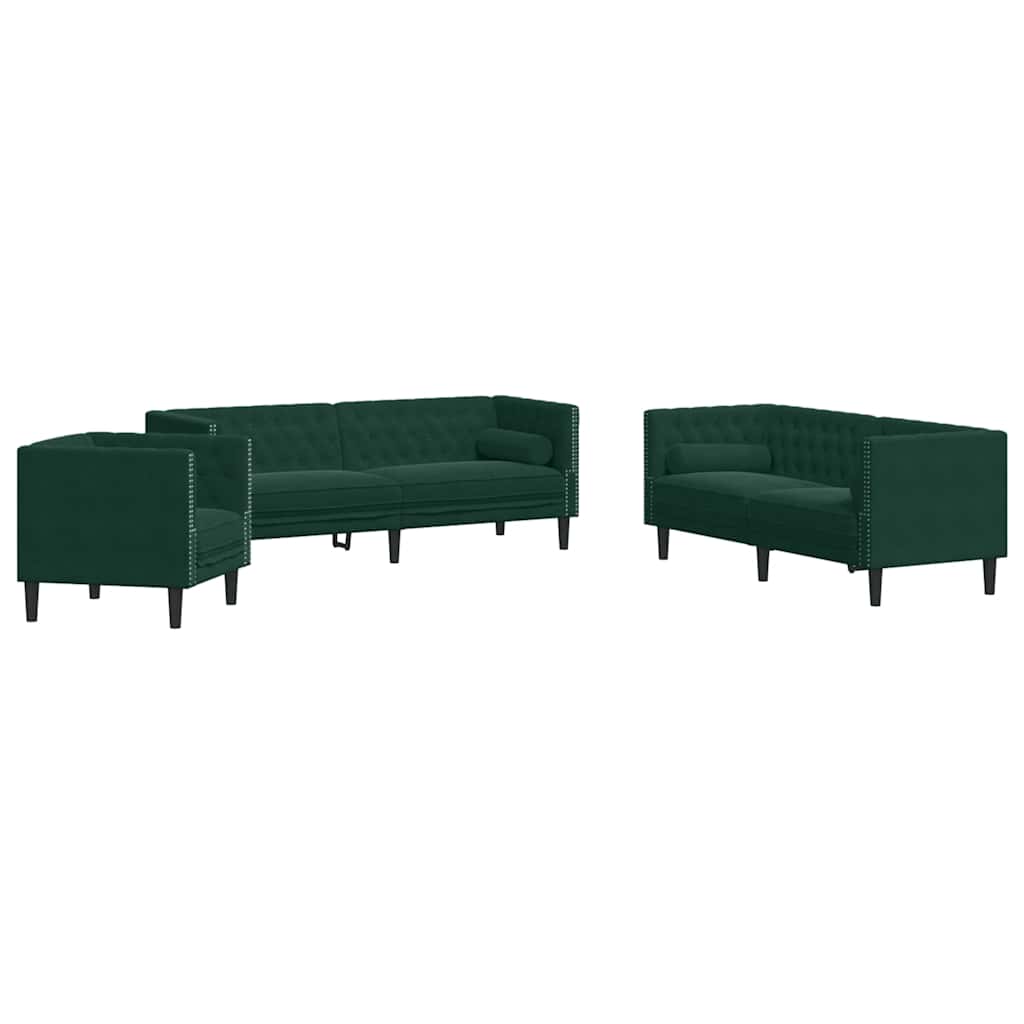 3 Piece Chesterfield Sofa Set with Neck Pillows Dark Green Velvet