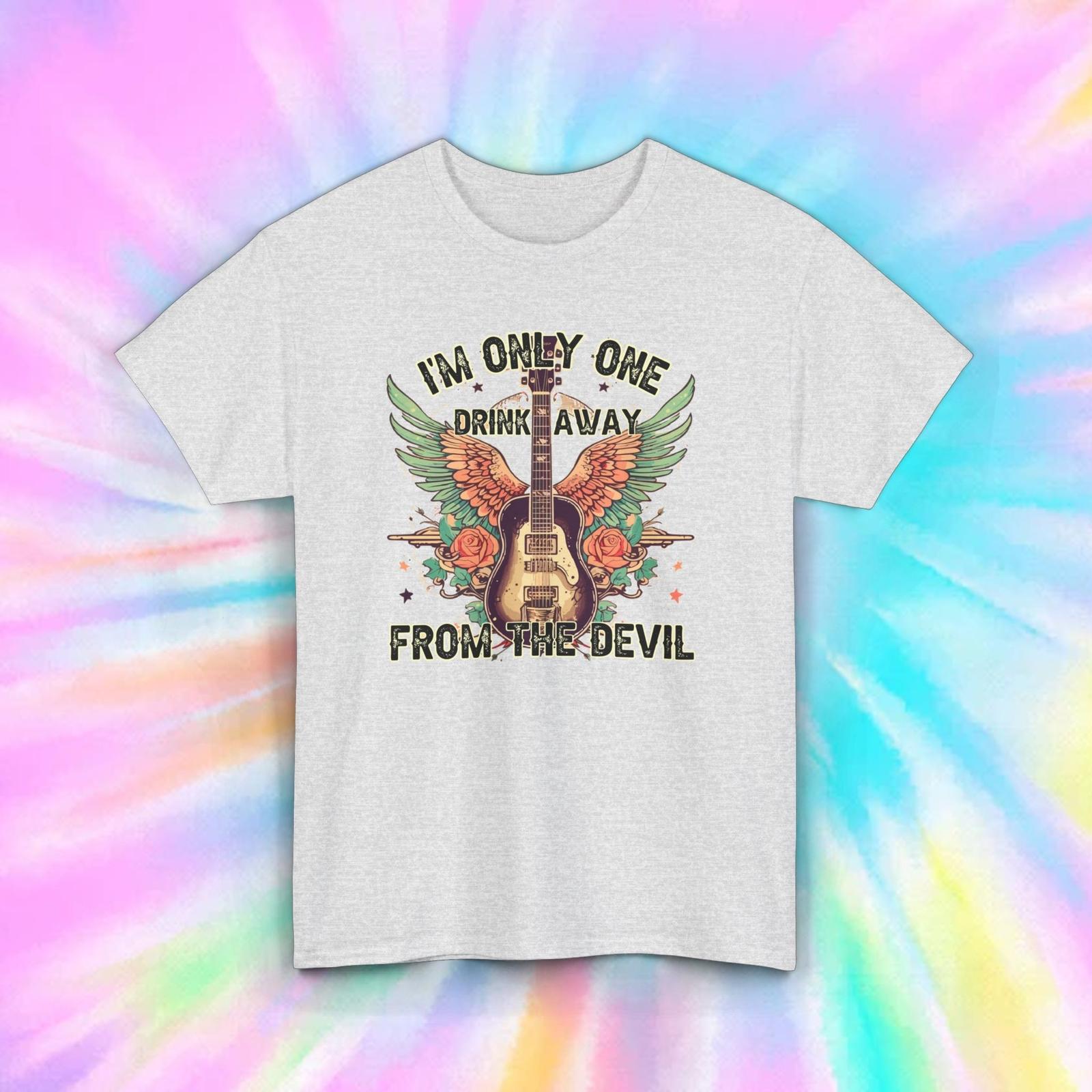 One Drink Away From the Devil T-Shirt Mens Womens Tees Top | Funny Guitar Winged Graphic Tee L