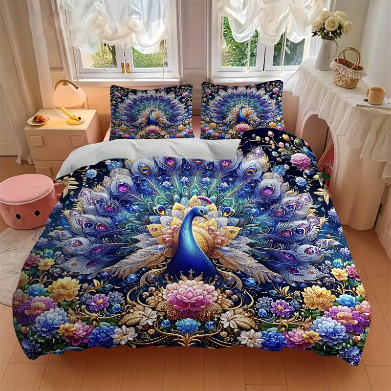 3pcs Enchanted Peacock Bedding Set, Including 1 Quilt Cover and 2 Pillow Shams, Without Filling, Soft and Comfortable Home Bedroom Fabric