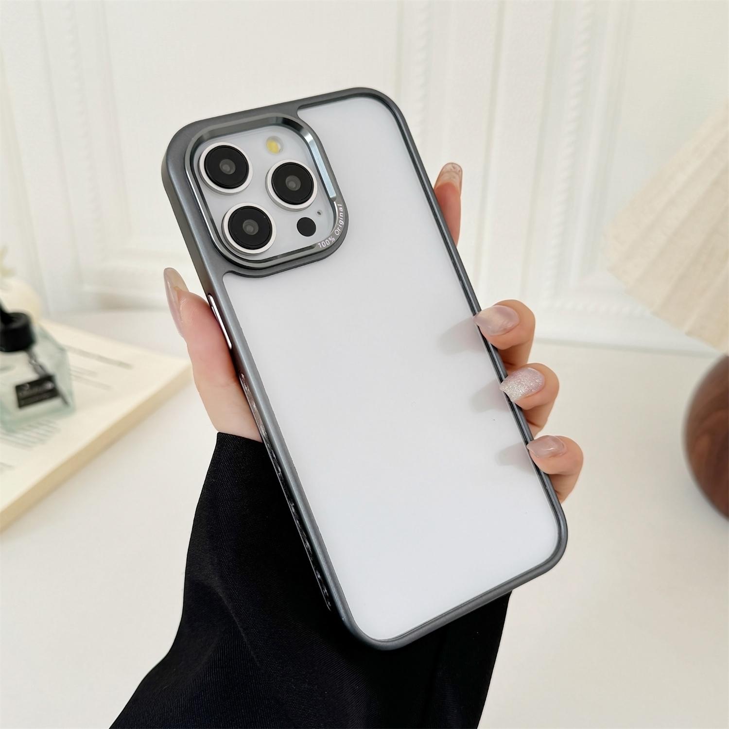 

For iPhone 15 Pro Max Clear Phone Case Electroplating Edge PC Acrylic Back Cover Grey