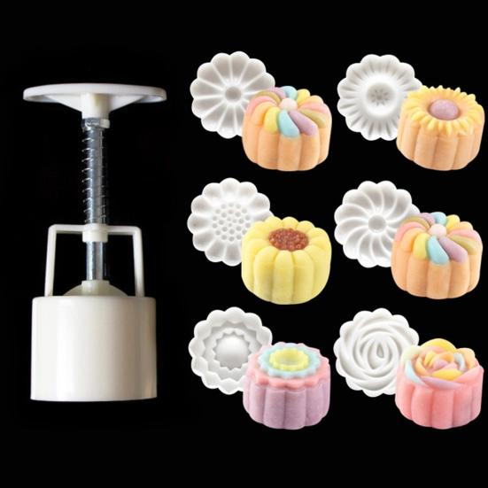 1Pc Plunger + 6Pcs Stamps 3D Rose Flower Mooncake Mold Hand Pressure DIY Tool
